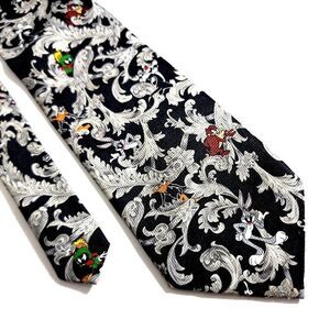 Looney Tunes Warner Brothers Polyester Black Baroque Print Short Wide Tie Bugs B